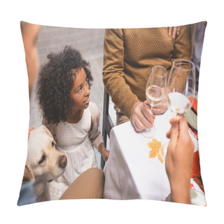 Personality  Selective Focus Of African American Girl And Golden Retriever Near Family Celebrating Thanksgiving Day Pillow Covers