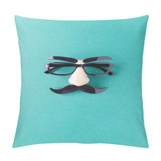 Personality  Carnival Mask With Moustache, Nose And Glasses On Blue Background, Copy Space. Concept Movember, Mens Health, Prostate Cancer Awareness Month, Charity, Fathers Day. Vertical. Minimalism Flat Lay Pillow Covers