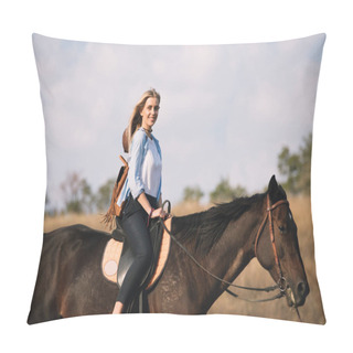 Personality  Beautiful Young Cowgirl Riding Her Horse In Field Pillow Covers
