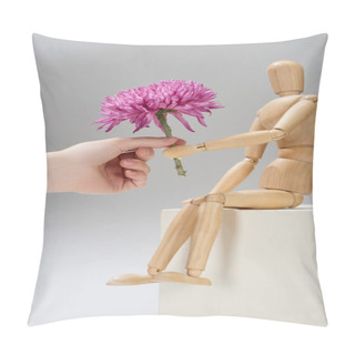 Personality  Cropped View Of Woman And Wooden Doll Holding Aster On Grey Background Pillow Covers