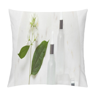 Personality  Panoramic Shot Of Plate With Jasmine And Cosmetic Glass Bottles On White Surface Pillow Covers