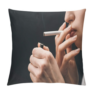 Personality  Side View Of Young Woman Lighting Cigarette With Lighter Isolated On Black  Pillow Covers