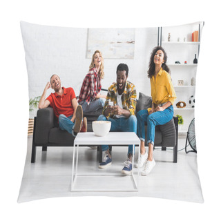 Personality  Exited And Happy Multicultural Young Men And Women Sitting On Couch And Having Fun Together Pillow Covers