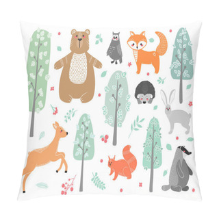 Personality  Cute Animals: Fox, Badger, Squirrel, Owl, Deer, Doe, Roe Deer, Hare, Rabbit, Hedgehog Bear And Different Elements Illustration Hand Drawn In Scandinavian Style Pillow Covers