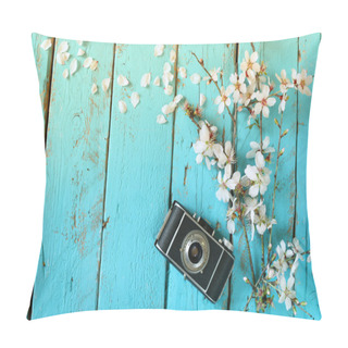 Personality  Top View Image Of Spring White Cherry Blossoms Tree Next To Old Camera On Blue Wooden Table Pillow Covers