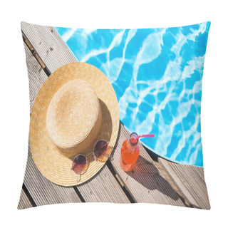 Personality  Top View Of Wicker Hat, Sunglasses And Bottle With Summer Drink Near Swimming Pool    Pillow Covers