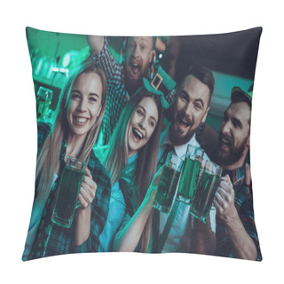 Personality  Saint Patrick's Day Party. Group Of Friends Is Celebrating. Happy People Is Toast And Drinking A Green Beer. Friends Is Young Men And Women. People Wearing A Green Hats. Pub Interior. Pillow Covers