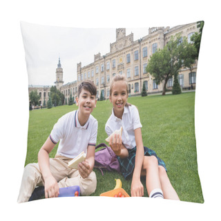 Personality  Smiling Multiethnic Schoolchildren Holding Sandwiches Near Lunchboxes On Lawn Outdoors  Pillow Covers