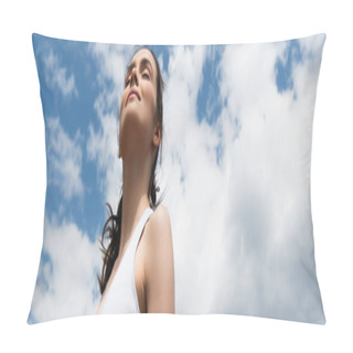 Personality  Low Angle View Of Young Happy Woman In Crop Top Against Blue Sky With Clouds, Banner Pillow Covers
