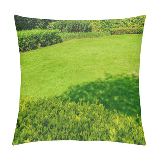 Personality  Landscape Design For Background, Peaceful Garden, Green Garden And Lawn, Green Lawn, The Front Lawn For Background, The Beauty Of The Decorated Garden, Newly Cut Lawn Lush Green With Morning Sunlight. Pillow Covers