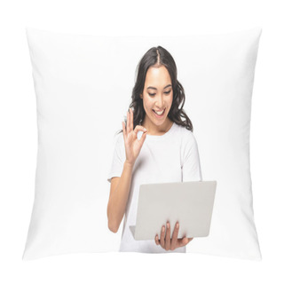 Personality  Young Asian Woman Using Laptop And Showing Ok Gesture Isolated On White Pillow Covers