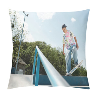 Personality  A Young Skater Boy Fearlessly Rides His Skateboard Down The Side Of A Rail In A Colorful Outdoor Skate Park On A Sunny Summer Day. Pillow Covers