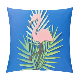 Personality  Top View Of Green Paper Cut Exotic Leaves And Flamingo On Blue Background Pillow Covers