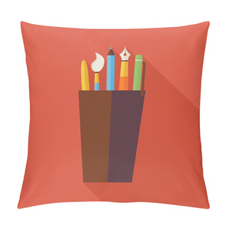 Personality  Flat Cup With Office Writing Supplies Tools Illustration With Lo Pillow Covers