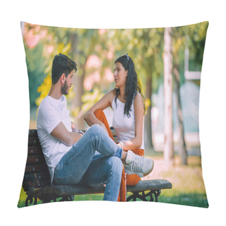 Personality  Young Couple Sitting On Bench Quarreling With Each Other At The Park Pillow Covers