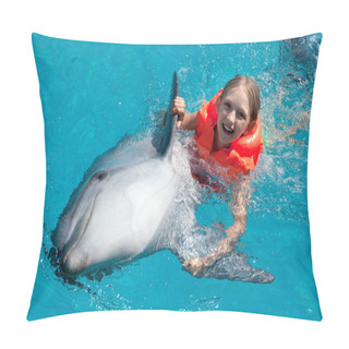 Personality  Happy Little Girl Riding The Dolphin In Swimming Pool Pillow Covers