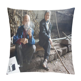 Personality  Elderly Chinese Couple Liang Zifu, Left, And Li Suying Sit Outside A Cave, Which They Have Lived In For 54 Years, Near Nanchong City, Southwest China's Sichuan Province, 24 September 2016 Pillow Covers