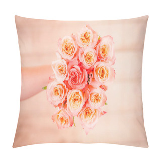 Personality  Women Hand Holding A Bouquet Of Peach Shimmer Roses Variety, Studio Shot. Pillow Covers