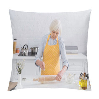 Personality  Senior Woman Pouring Flour On Rolling Pin In Kitchen Pillow Covers