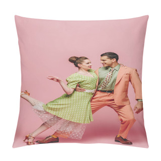 Personality  Handsome Dancer Hugging Girl While Dancing Boogie-woogie On Pink Background Pillow Covers