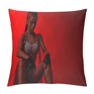 Personality  Muscular Girl Sitting With Chains On Neck. Pillow Covers