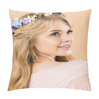 Personality Portrait Of Attractive Woman In Colorful Wreath Of Flowers On Yellow Background Pillow Covers