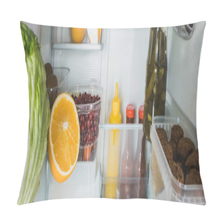 Personality  Panoramic Shot Of Fresh Fruits, Cabbage With Cutlets And Sauces In Refrigerator Pillow Covers