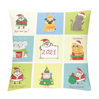 Personality  Vector Illustration Of Christmas Cats, Pigs, Rats And Dogs With Christmas And New Year Greetings. Cute Pets With Holiday Hats And Presents. Pillow Covers