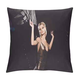 Personality  Beautiful Sexy Woman With Golden Accessories And Angel Wings Posing On Black Background Pillow Covers