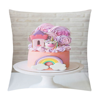 Personality  Cute Pink Birthday Cake For A Little Girl With Fondant Unicorn, Gingerbread Princess Castle, Rainbow And Meringue Clouds. Pillow Covers