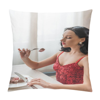 Personality  Elegant Woman In Red Dress Sitting At Dining Table And Eating Delicious Beef Steak, Silverware Pillow Covers