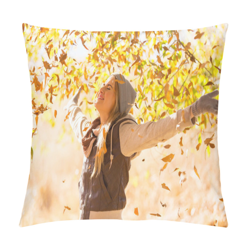 Personality  autumn leaves falling on happy young woman pillow covers