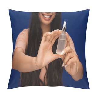 Personality  Cropped View Of Blurred Woman Holding Bottle With Cosmetic Serum Isolated On Blue  Pillow Covers