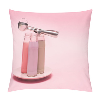 Personality  Bottles Of Berry, Strawberry And Chocolate Milkshakes With Scoop On Plate On Pink Background Pillow Covers