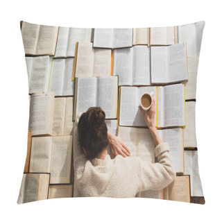 Personality  Top View Of Tired Woman Sleeping Near Open Books With Cup Of Coffee Pillow Covers