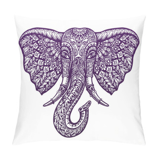 Personality  Hand Drawn Front View Head Elephant With Ornament. Vector Illustration Pillow Covers