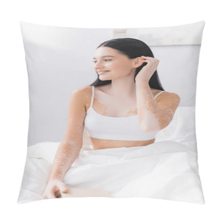 Personality  Young Happy Woman With Vitiligo Adjusting Hair In Bedroom  Pillow Covers