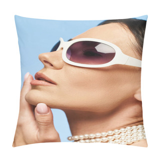 Personality  A Stylish Woman With Sunglasses And Pearls Around Her Neck Poses In A Studio Against A Vibrant Blue Background. Pillow Covers