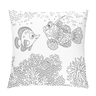 Personality  A Funny Butterfly Fish And A Mandarin Fish Swimming Over A Coral Reef In A Tropical Sea, A Black And White Vector Illustration In Cartoon Style For A Coloring Book Pillow Covers