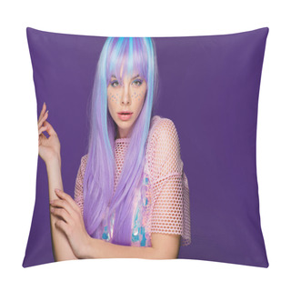 Personality  Beautiful Stylish Girl Posing In Violet Wig With Stars On Face, Isolated On Purple Pillow Covers