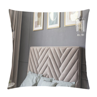 Personality  Close-up Of A Velvet Headrest, Posters On The Wall, Pillows And Glass Lamps In A Grey Bedroom Interior Pillow Covers