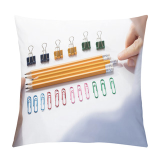Personality  Businessman Arranging The Pencils In Between The Row Of Colorful Pins And Paper Clips Pillow Covers