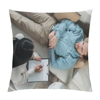 Personality  Overhead View Of Psychotherapist Writing On Clipboard And Male Patient Lying On Couch  Pillow Covers