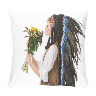 Personality  Side View Of Pretty Boho Girl In Indian Headdress Holding Flowers Isolated On White Pillow Covers