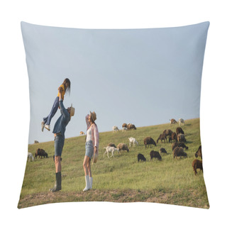 Personality  Side View Of Farmer Raising Up Daughter Near Wife And Herd Grazing In Green Pasture Pillow Covers