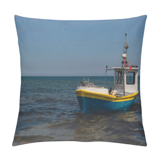 Personality  Fishing Boat On The Beach In Sopot, Poland. Magnificent Long Exposure Calm Baltic Sea. Wallpaper Defocused Waves. Fishermans Sea Bay Vacation And Holidays. Travel Attraction Tourist Destination  Pillow Covers
