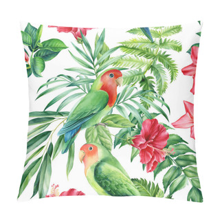 Personality  Seamless Patterns. Parrots And Palm Leaves, Tropical Plants On White Background, Watercolor Botanical Illustration Pillow Covers