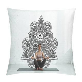 Personality  Calm Asian Woman With Closed Eyes Sitting On Yoga Mat Near Mandala Ornament  Pillow Covers