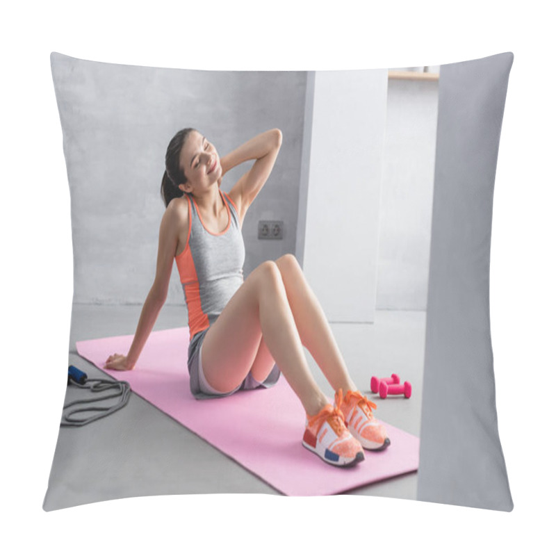 Personality  Sportswoman Warming Up On Fitness Mat Near Skipping Rope And Dumbbells At Home Pillow Covers