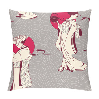 Personality  Vector Of Traditional Japanese Geisha Seamless Pattern Pillow Covers